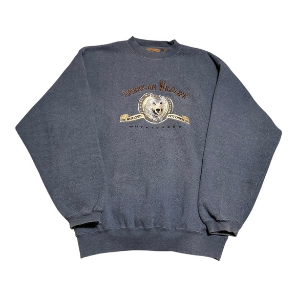 Vintage 90s American Wildlife Outfitters Wolf Embroidered Sweatshirt Men's M - Picture 1 of 8